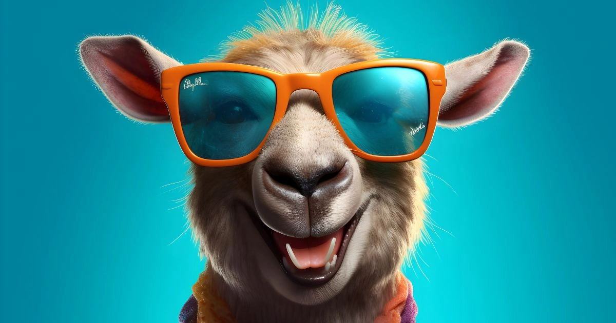 Lächelndes Lama mit orangefarbener Sonnenbrille vor blauem Hintergrund